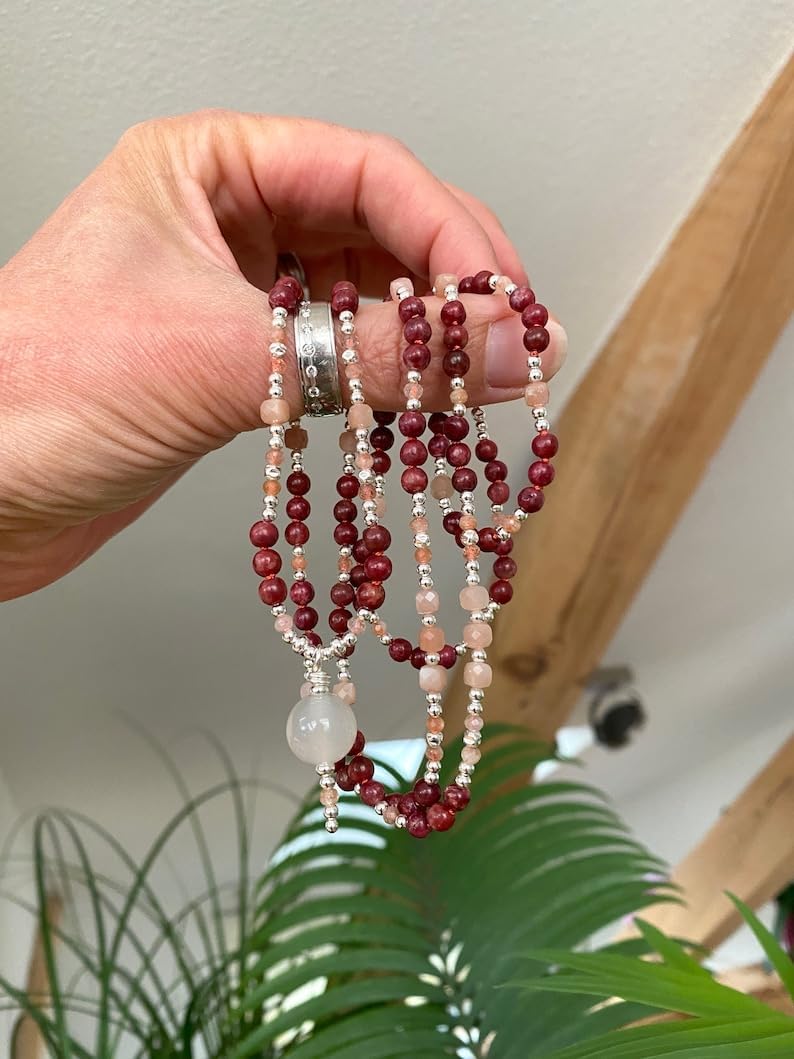 Natural thulite and moonstone 4mm 108 Mala Beads, Spiritual, Meditation Beads, Reiki, Japa Mala, Buddhist Prayer Beads, Yoga Bracelet, healing beads LKMALA-RRGU-3407