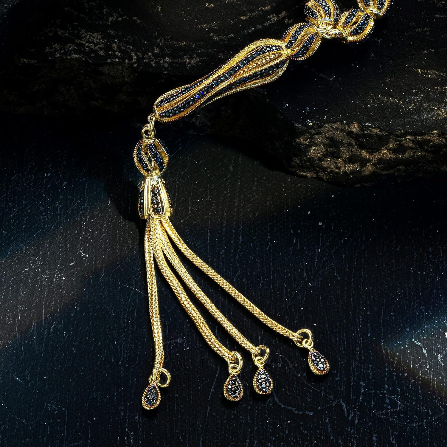 925 Sterling Silver Gold Plated Onyx Islamic Prayer Beads Rosary Tasbeeh Misbaha