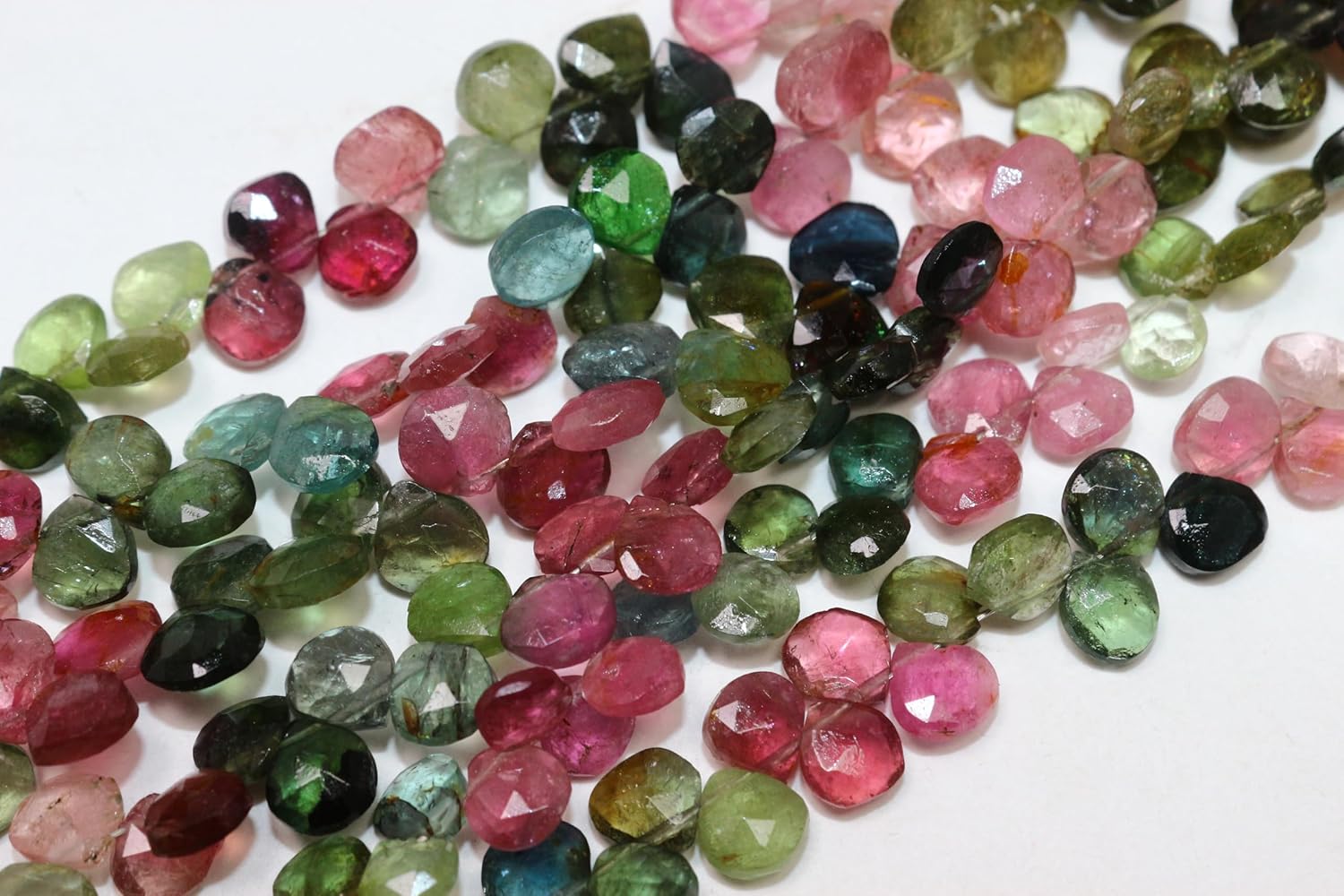Natural Multi-Colored Tourmaline Heart Shaped Faceted Beads, Pink Green Black, 5-6mm Size, 8 Inch Strand with Tassel