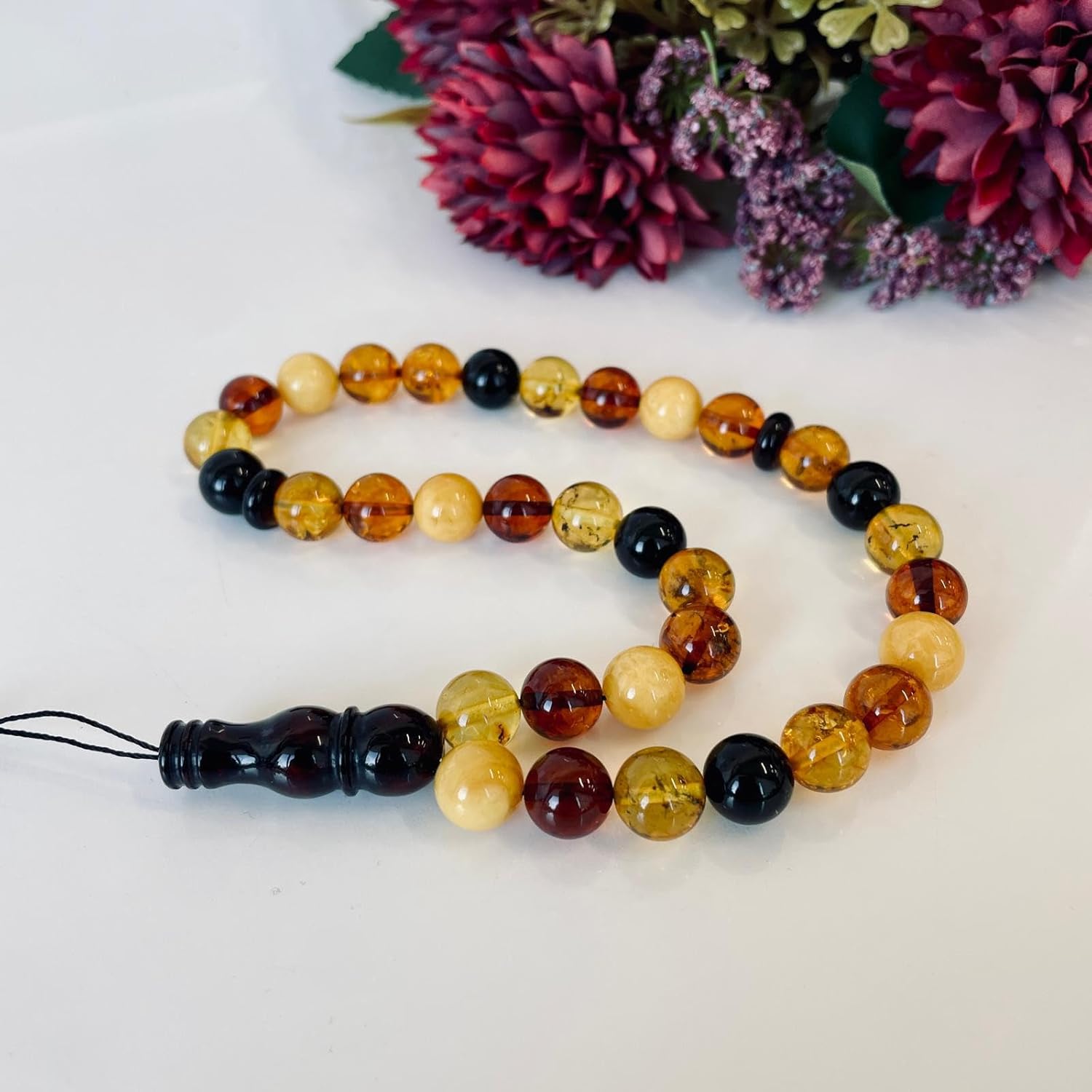 AMBERSTONE Multicoloured Islamic Prayer Beads - Muslim Rosary - Premium Handmade Tasbeeh for Dhikr - Natural Baltic Amber Misbaha - 33 Beads / 20 g