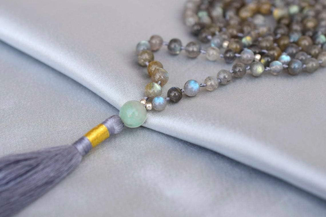 Vaibhav Jewellers A+ Natural Labradorite Mala Necklace Metal Spacer | Blue Flash, Psychic Attack Protection 108 Mala Beads | Personalized Mala Yoga Mala