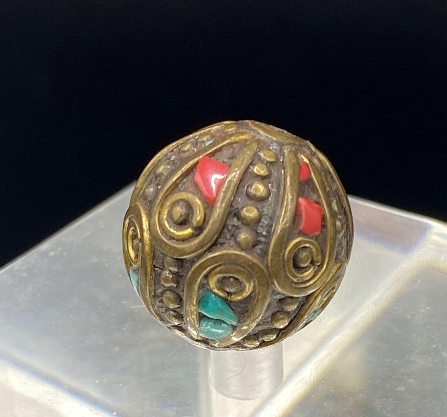 ALI OPLALS Old Antique Nepali Tibetan Handmade Brass Bead 16mm 6g | Turquoise & Coral Inlay Round Bead | Ethnic Boho Jewelry Supply |Prayer Buddha Amulets, For Pendant Bracelet Necklace Making (50)