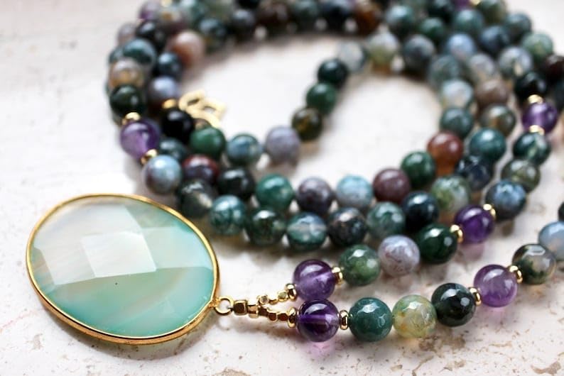 Natural Indian Agate Mala with Amethyst 8mm 108 Mala Beads, Spiritual, Meditation Beads, Reiki, Japa Mala, Buddhist Prayer Beads, Yoga Bracelet, healing beads LKMALA-RRGU-2920