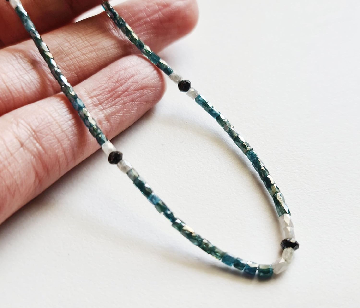 Blue Rough Diamond Faceted Pipe Bead Sparkling Blue Faceted Drum Bead with White Pipe & Black Rondelle Diamond (3.5IN to 7IN) - APKJ12