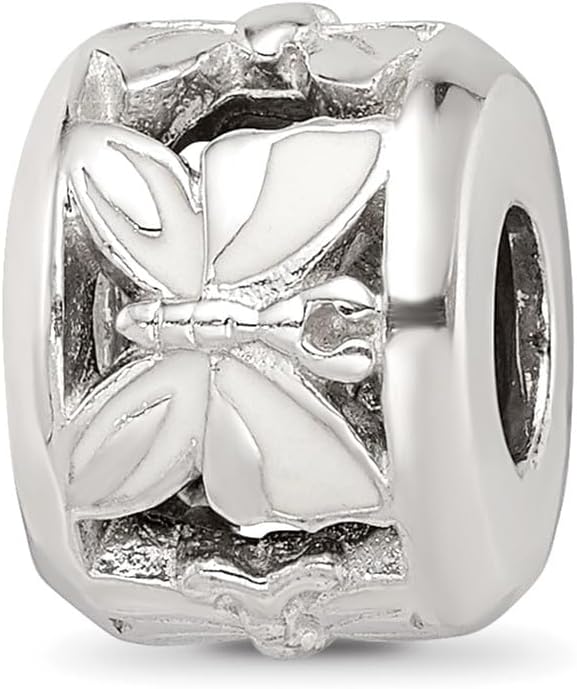 Solid 925 Sterling Silver Reflections White Enameled Butterfly Bead (7.3mm x 10mm)