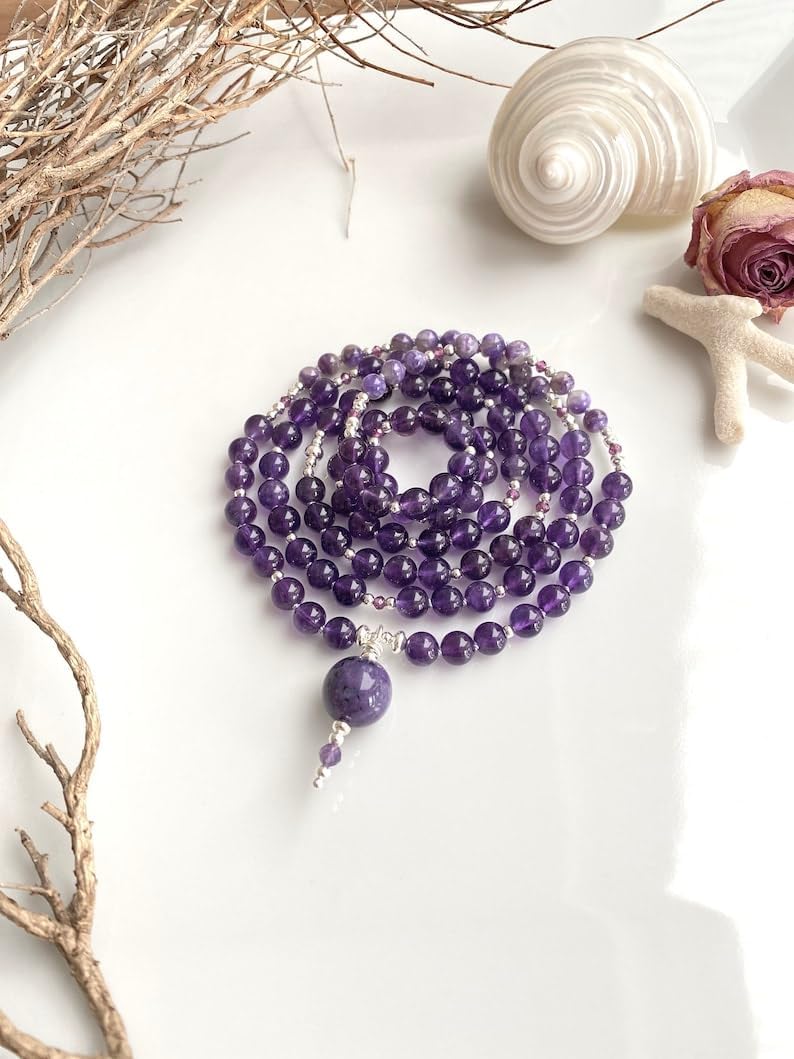 Natural Dark charoite and amethyst 5mm,6mm 108 Mala Beads, Spiritual, Meditation Beads, Reiki, Japa Mala, Buddhist Prayer Beads, Yoga Bracelet, healing beads LKMALA-RRGU-3484