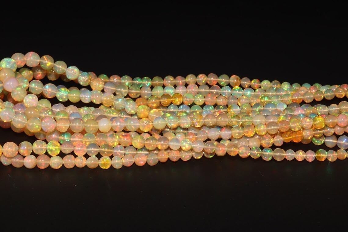 AAA+ Welo Ethiopian Opal Beads Strand – Natural Smooth Round Yellow Fire Opal – 4-8mm Plain Beads for Jewelry Making – 13” Full Strand