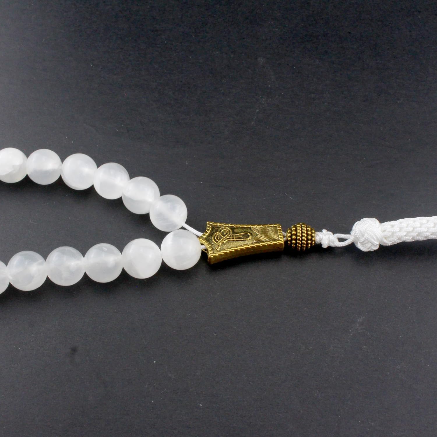 Muslims Islamic Dhikr Tasbeeh Tasbih Prayer Beads, 33 White Jade Stone Beads with Tassel