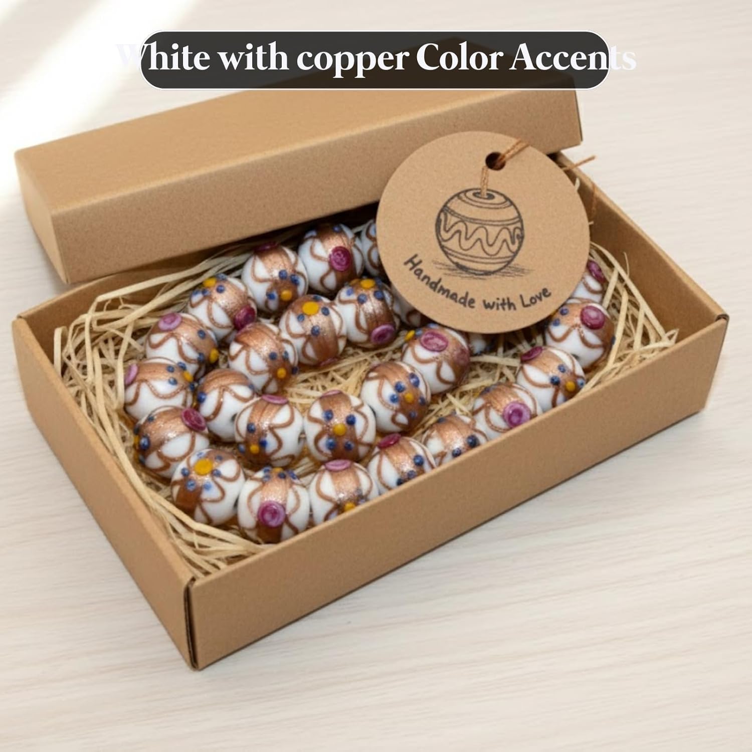 Handcrafted White Designer Glass Beads | 16mm Murano Style Lampwork Beads with Golden Swirls & Dotted Accents | Available in 10 Strands | Jewelry & DIY Crafts.