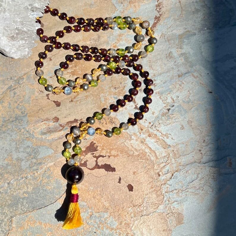 garnet, pyrite, peridot, kyanite, citrine, and labradorite Stone Mala Beads, 108 Mala Necklace, Knotted Mala, WWG Necklace, Yoga Jewelry Meditation Beads Spiritual Jewelry Boho Jewelry