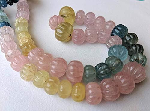 18 Inch Multi Aquamarine Melon Beads, 7.5-13mm Natural Multi Aquamarine Hand Carved Melon Beads, 58 Pcs Multi Aquamarine Necklace