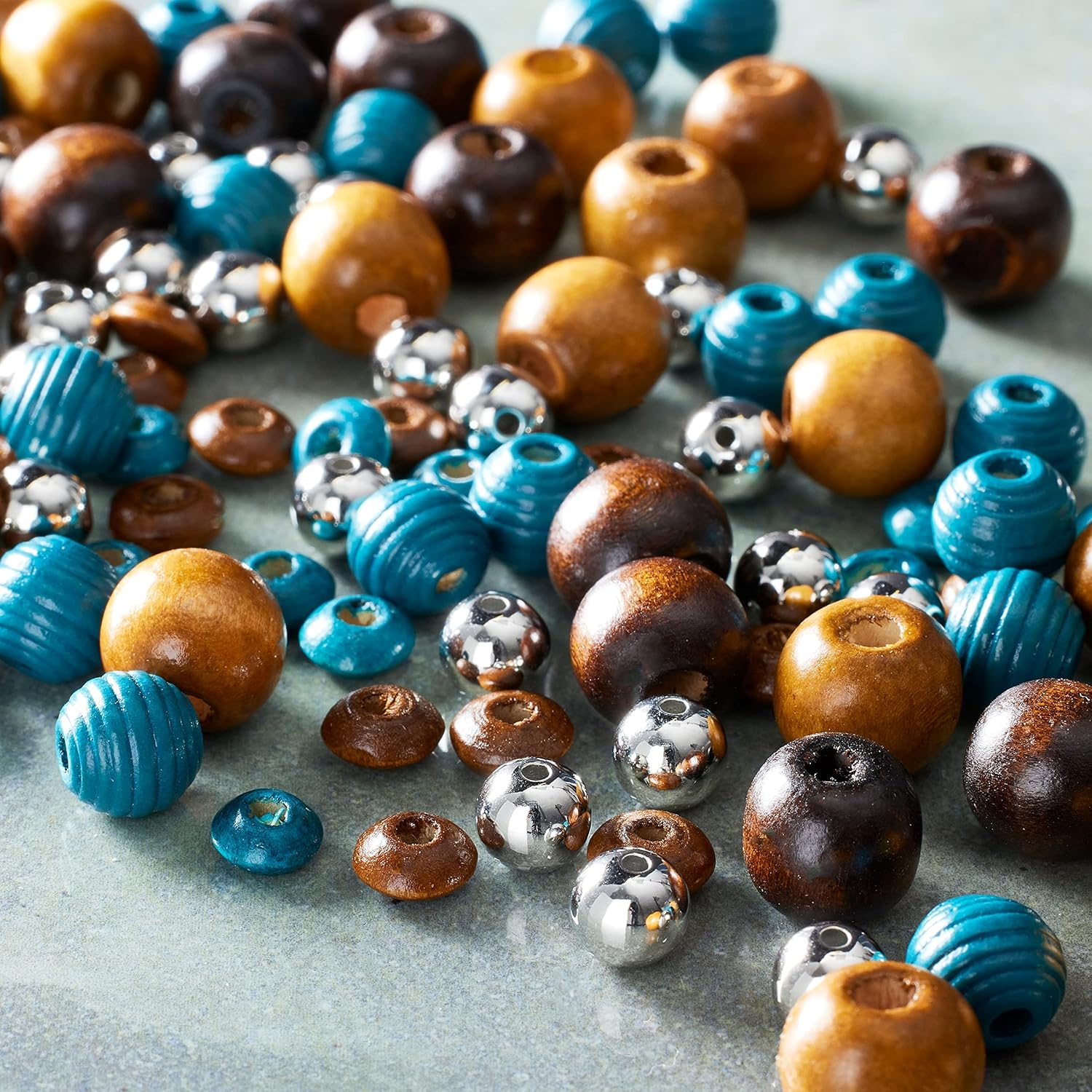 Bead Landing Craft Brown & Turquoise Mixed Wooden Beads, 12 Pack