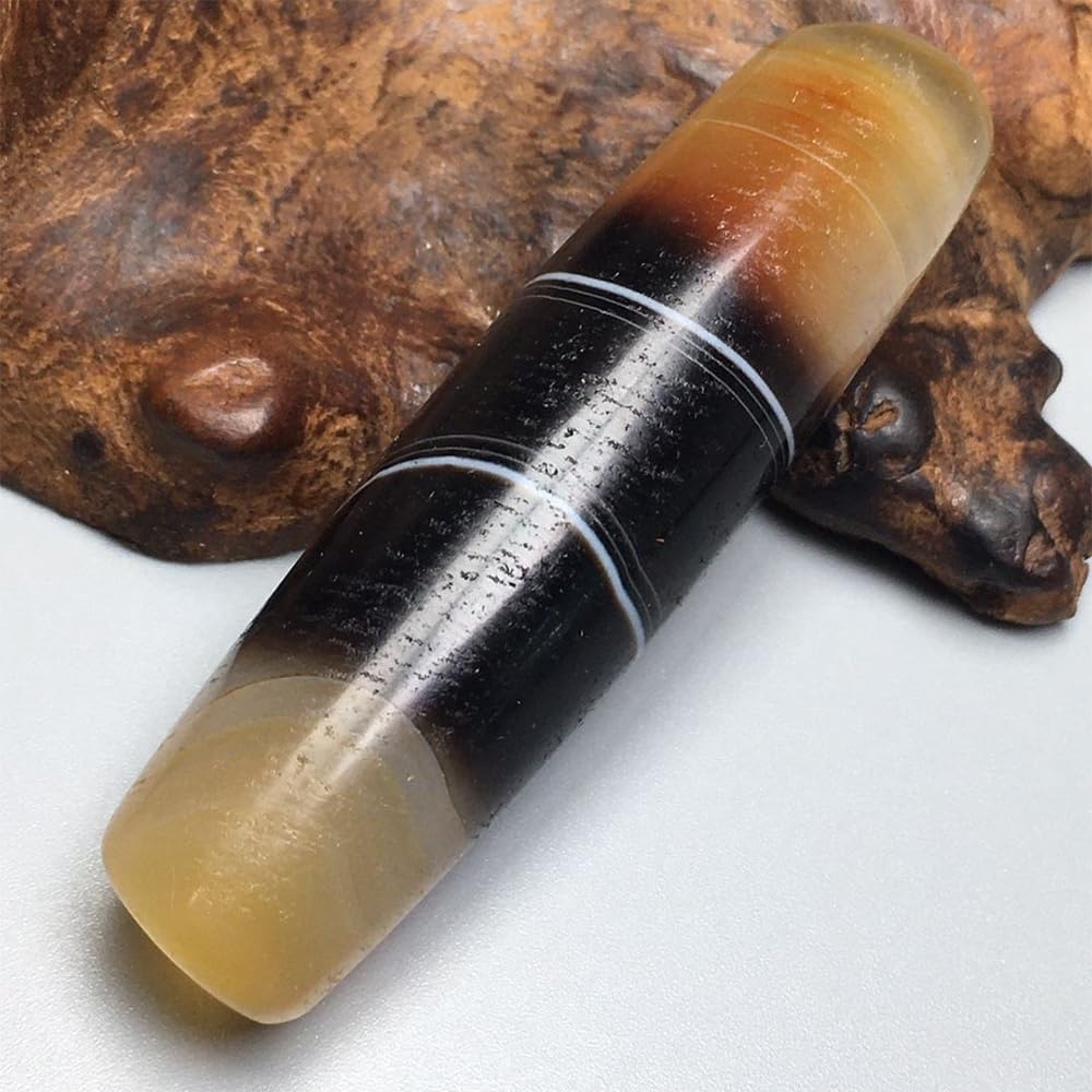 Men Tibetan dzi Beads, Tibetan Natural Agate Threaded Dzi Bead Wrapped Wire 5.7x1.5cm 0.5mm Through-Hole