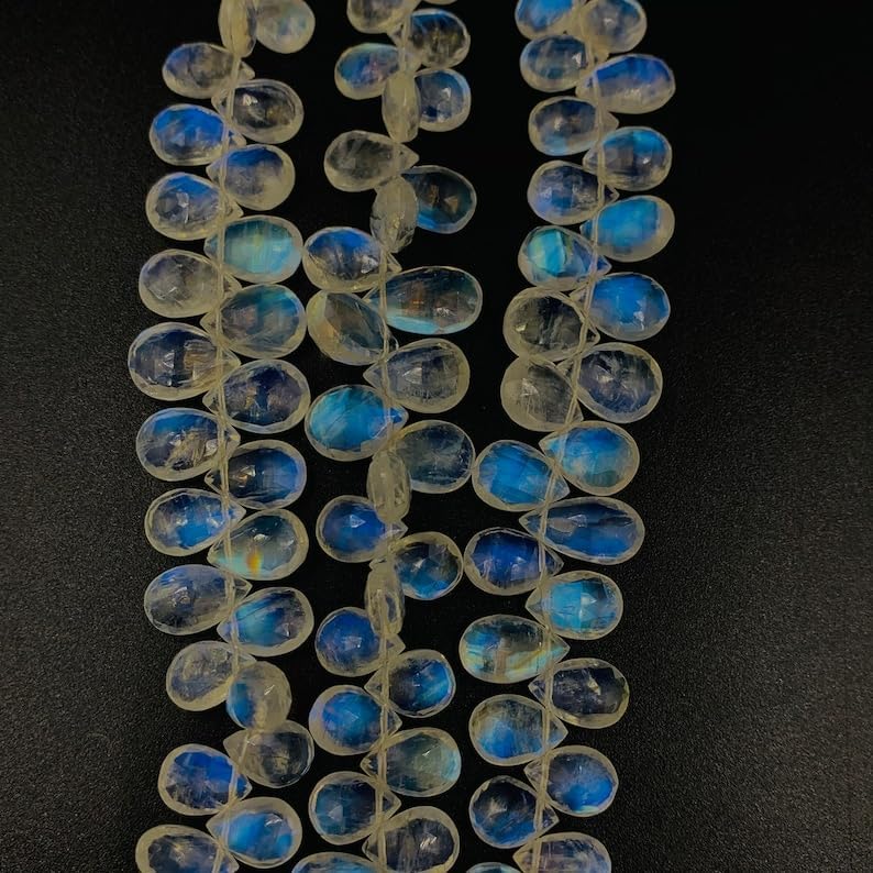 Natural Rainbow Moonstone pear Faceted Beads 8.2X6 10.5X7.5 mm 7 inch Long String Jewelry Making Gemstone Beads for Necklace Bracelet