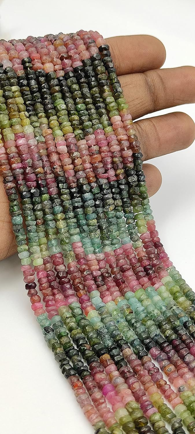 Hanumat Gems Lot of 10 Strands Natural Multi Tourmaline Faceted Rondelle Beads,Tourmaline Faceted Beads,Tourmaline Rondelle Bead,Tourmaline Gemstone Bead,3.00-4.00 MM Beads,13 Inches Strand.