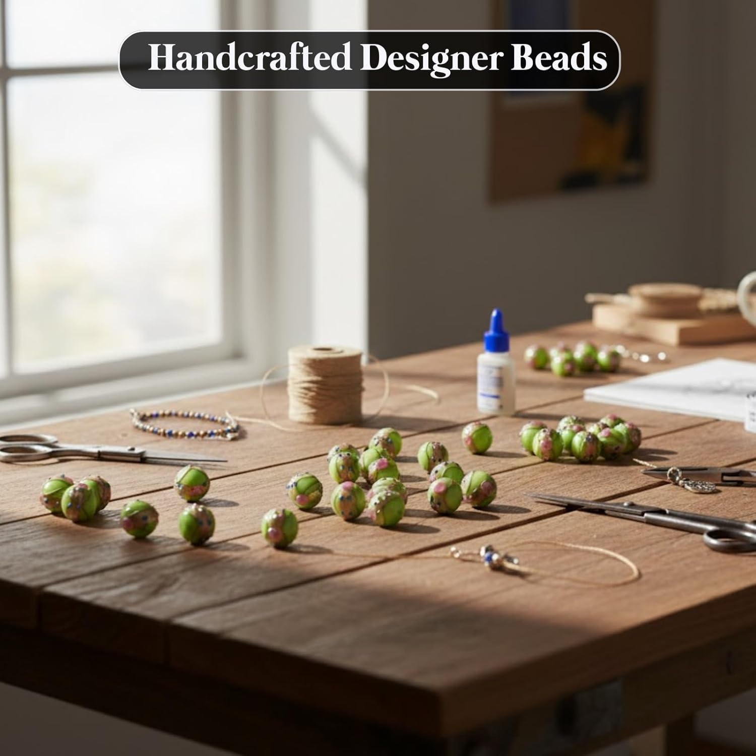 Handcrafted Green Designer Glass Beads | 16mm Murano Style Lampwork Beads with Golden Swirls | Available in 10 Strands | Perfect for Jewelry Making, DIY & Craft