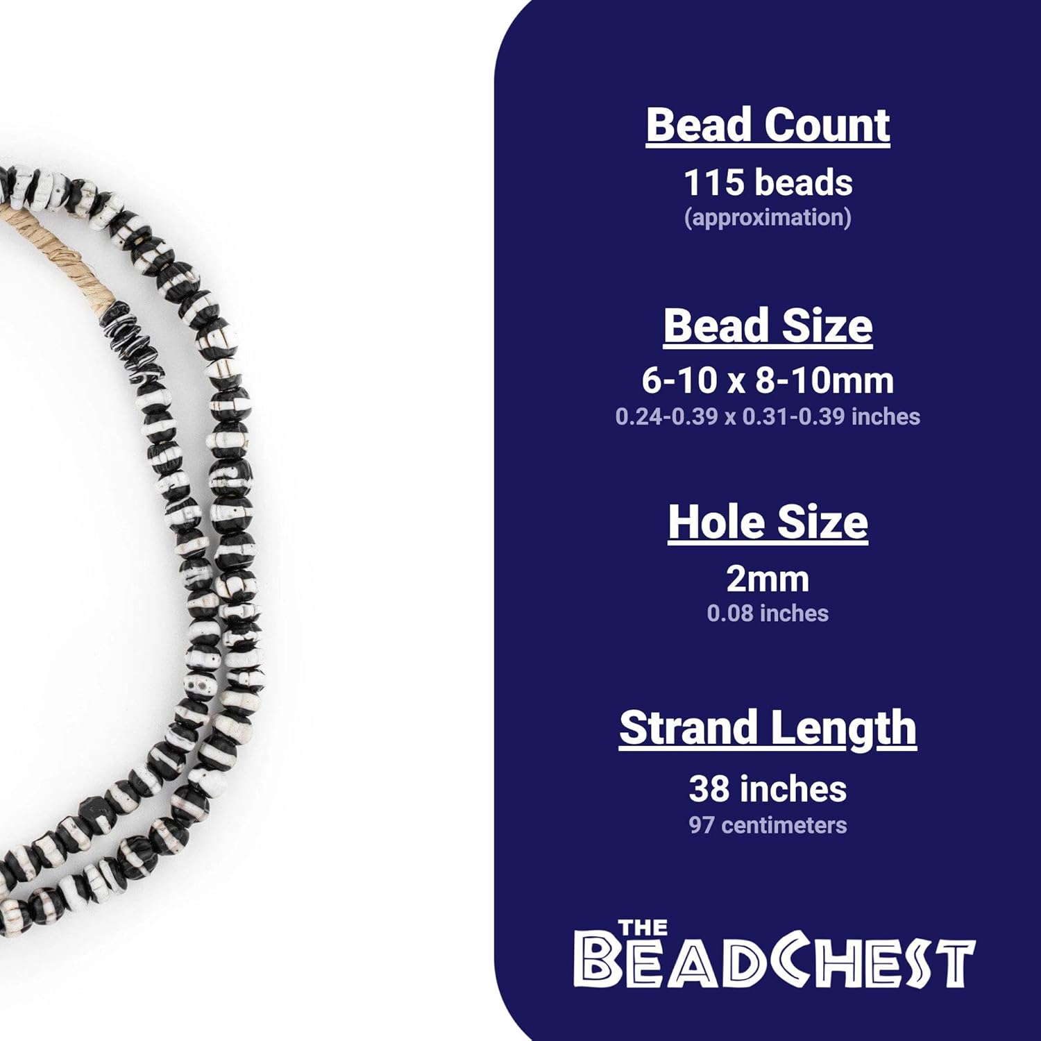 The Bead Chest White Stripe Dogtooth Venetian Trade Beads 8-10mm Nigeria African Black and White Unusual Glass Large Hole 38 Inch Strand