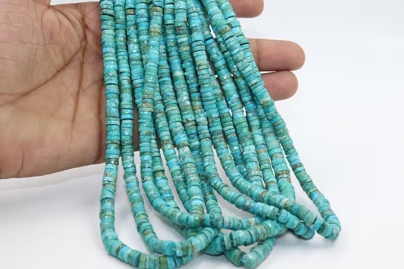 Natural Arizona Turquoise Faceted Tyre Shape Beads 6-6.5 mm Heishi Cut Beads Natural Turquoise Heishi Beads Wheel Cut Beads