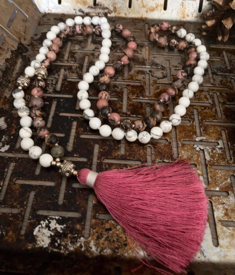 Natural Howlite Rhodonite 8mm 108 Mala Beads, Spiritual, Meditation Beads, Reiki, Japa Mala, Buddhist Prayer Beads, Yoga Bracelet, healing beads LKMALA-RRGU-3538, 34 inch