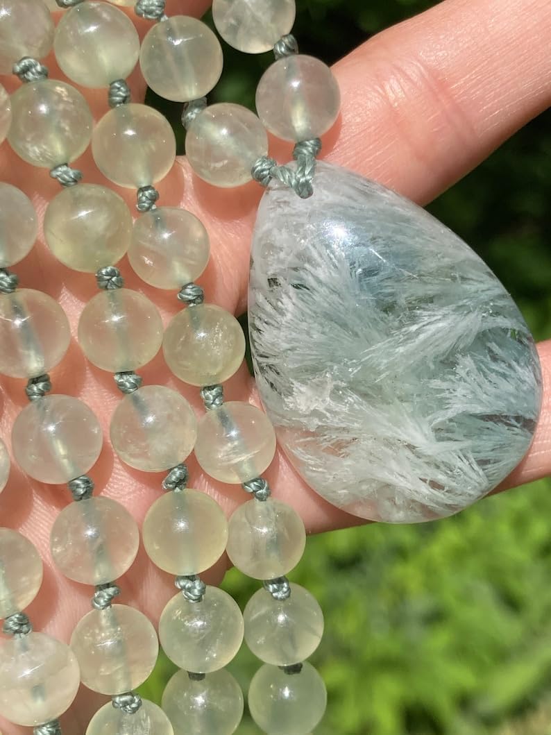 Prehnite and Scolecite in Fluorite Stone Mala Beads, 108 Mala Necklace, Knotted Mala, WWG Necklace, Yoga Jewelry Meditation Beads Spiritual Jewelry Boho Jewelry
