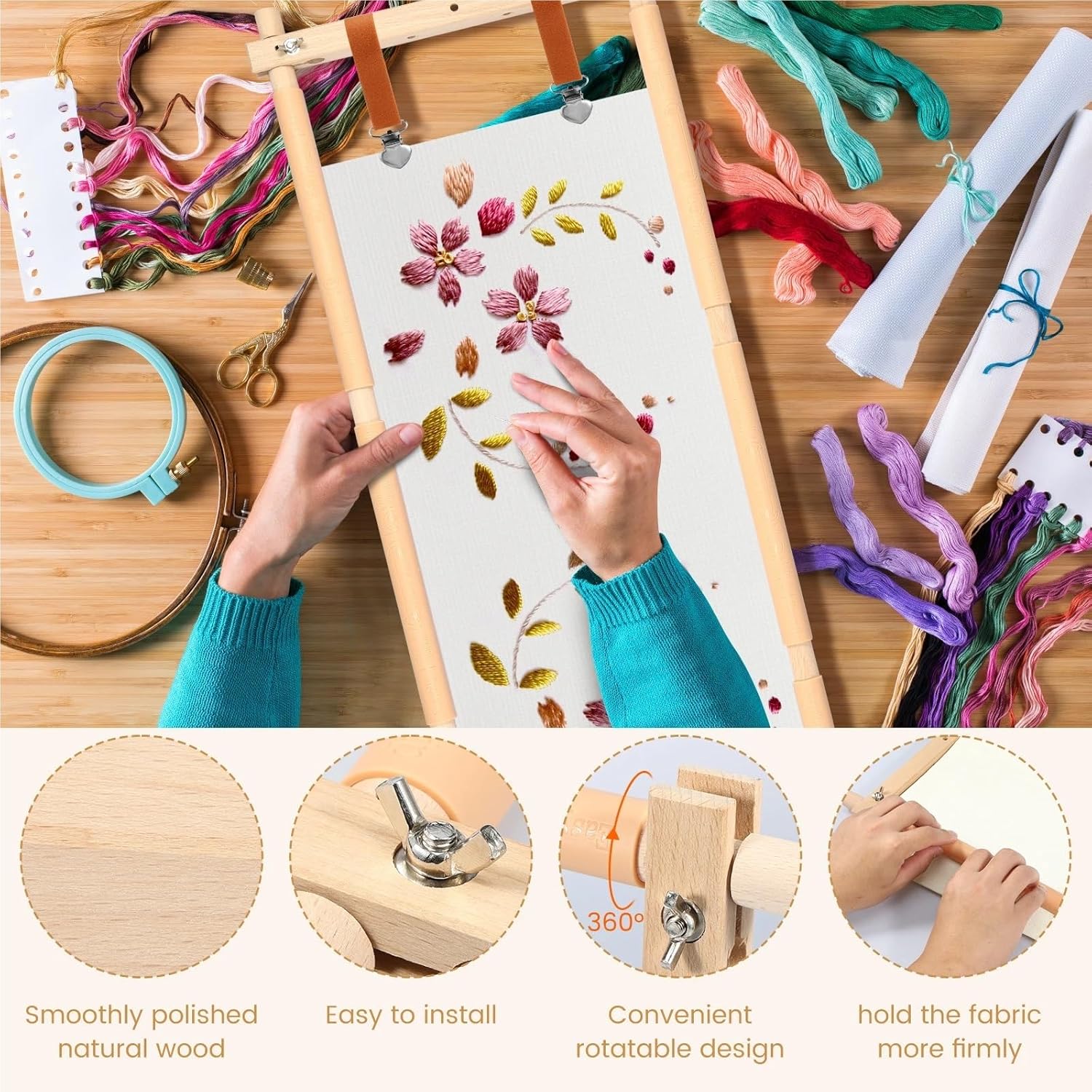 Embroidery Stand Embroidery Scroll Frame Wooden Cross Stitch Rotated Needlepoint Tapestry Adjustable(Rogue 84.5cm)