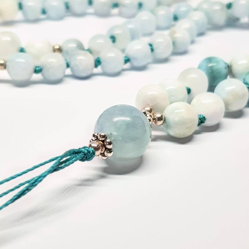 Natural Aquamarine & Larimar 8mm 108 Mala Beads, Spiritual, Meditation Beads, Reiki, Japa Mala, Buddhist Prayer Beads, Yoga Bracelet, healing beads LKMALA-RRGU-2316, 34 inch