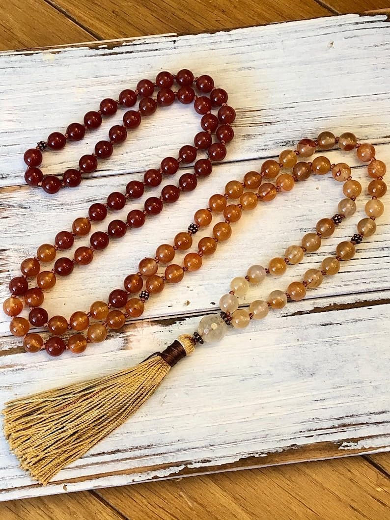 Natural Carnelian and Citrine 8mm 108 Mala Beads, Spiritual, Meditation Beads, Reiki, Japa Mala, Buddhist Prayer Beads, Yoga Bracelet, healing beads LKMALA-RRGU-3843, 34 inch