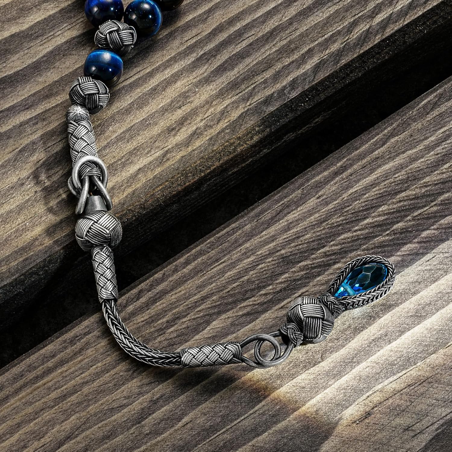 1000 Ct Silver Turkish Kazaz Blue Tiger's Eye Islamic 33 Prayer Beads Tasbeeh