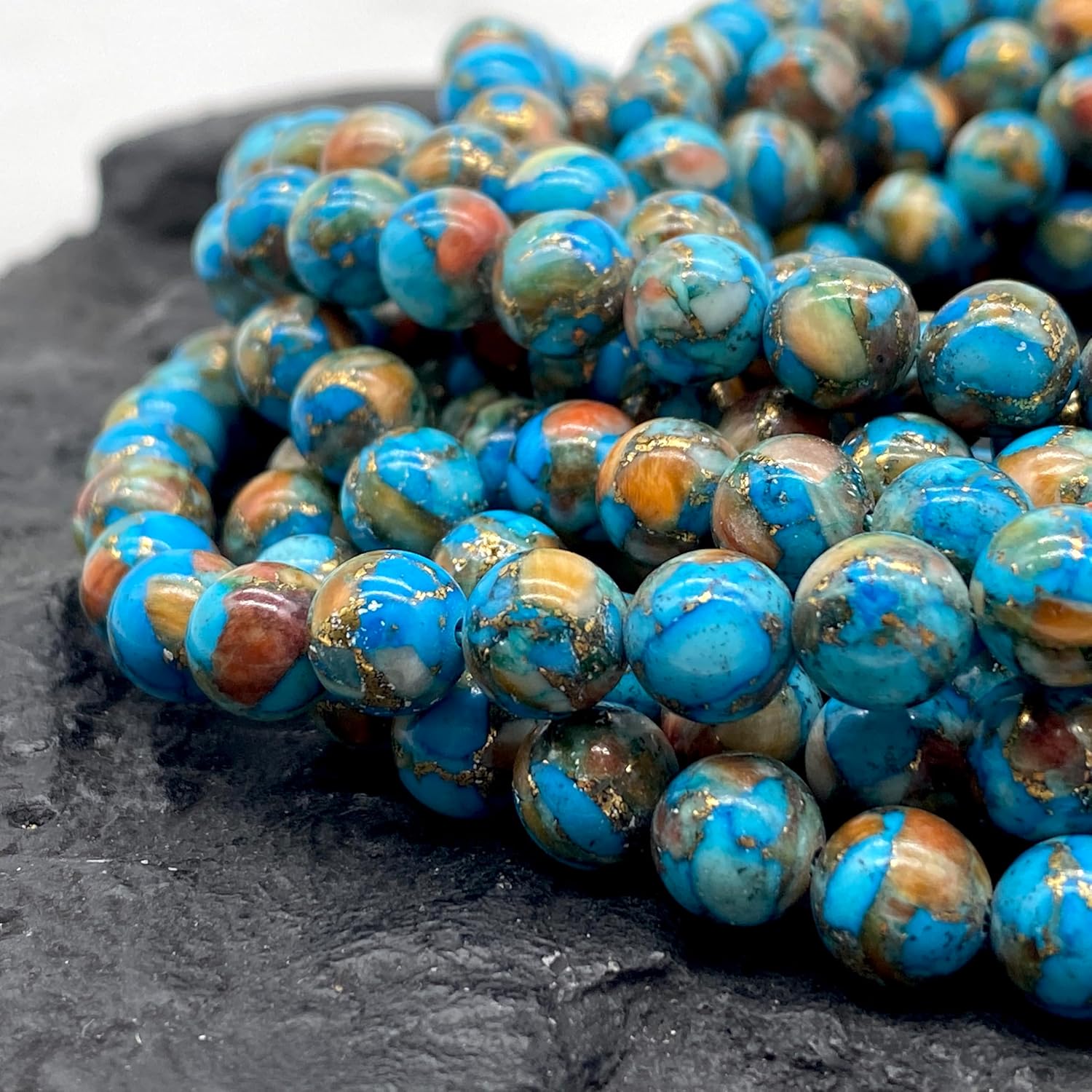 ABCGEMS Mohave Copper Turquoise & Mexican Spiny Oyster Shell Beads (70% 30% Respectively - A Revolutionary Composite Inlay Technique) Native American Style Pow Wow Calibrated Smooth Round 10mm