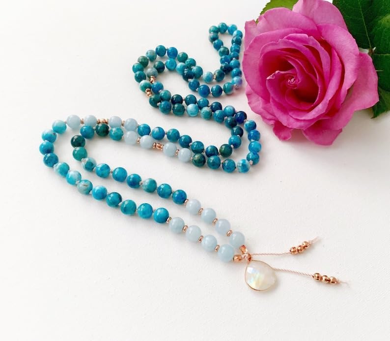 Natural Apatite Aquamarine and Moonstone 6mm 108 Mala Beads, Spiritual, Meditation Beads, Reiki, Japa Mala, Buddhist Prayer Beads, Yoga Bracelet, healing beads LKMALA-RRGU-2100