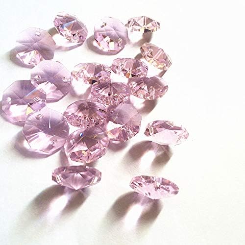 Hanging Crystals Prisms 1000pcs/lot Pink 14mm Crystal Octagon Beads Chandelier Parts for Garland Strand in 2 Holes, Crystal Glass Curtain Beads Hangings Crystals for Decoration