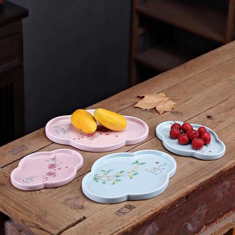 Tray Chinese Ceramic Tea Tray Dessert Tray Tea Tray Tea Tray Dry Tray Table Fruit Tray Fruit Tray Dinner Plate Snack Plate Dish Serving Trays(Cyan,B)