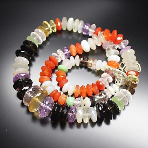 BEADS GEMSTONE Carnelian Smoky Lemon Rose White Quartz Amethyst Faceted Rondelle Gemstone Craft Beads 19 Inch Long Code-HIGH-20758