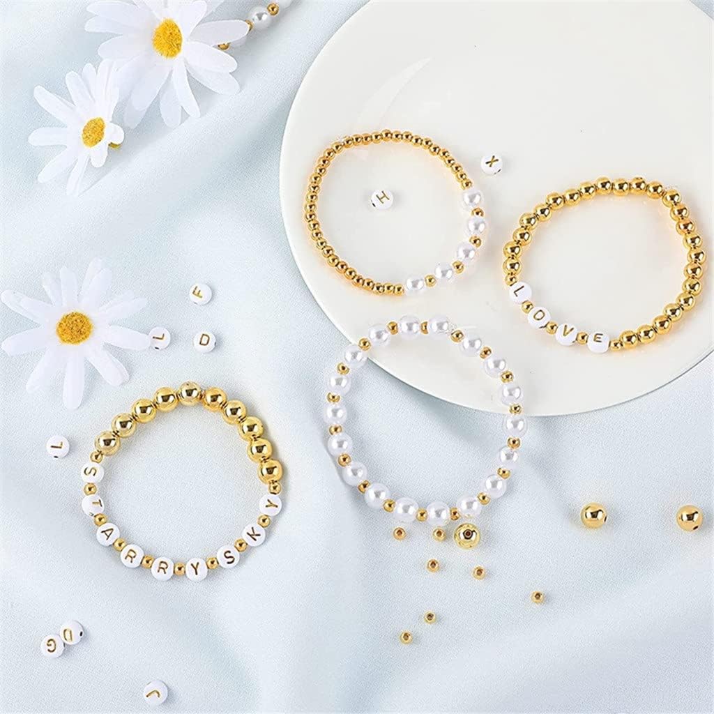 1800Pcs Beads Making Kit Gold Round Spacer Beads Alphabet Beads White Pearl Beads and Elastic String (Color : A Size : One Size)