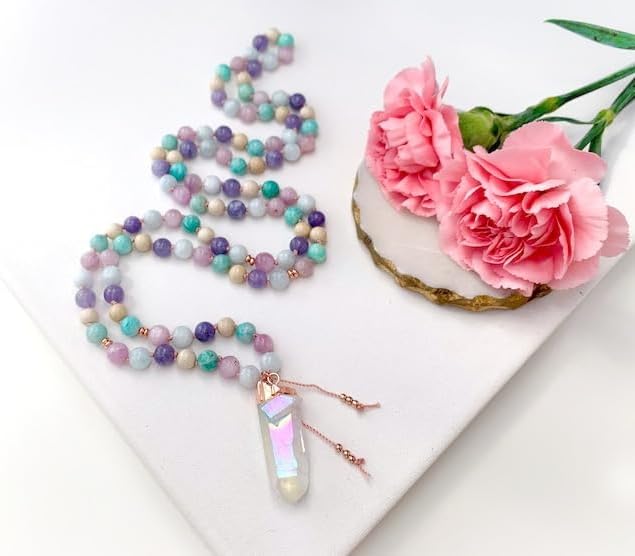 Natural Tanzanite Amazonite Riverstone Kunzite Aquamarine 6mm 108 Mala Beads, Spiritual, Meditation Beads, Reiki, Japa Mala, Buddhist Prayer Beads, Yoga Bracelet, healing beads LKMALA-RRGU-2051