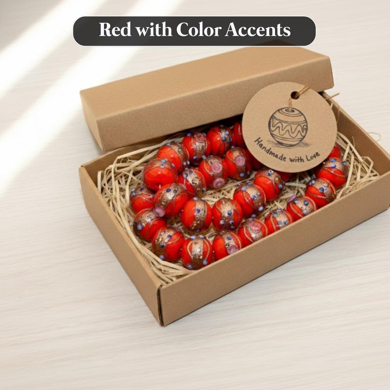 Handcrafted Red Designer Glass Beads | 16mm Murano Style Lampwork Beads with Blue & Pink Floral Accents | Available in 10 Strands | Jewelry Making, DIY & Crafts.