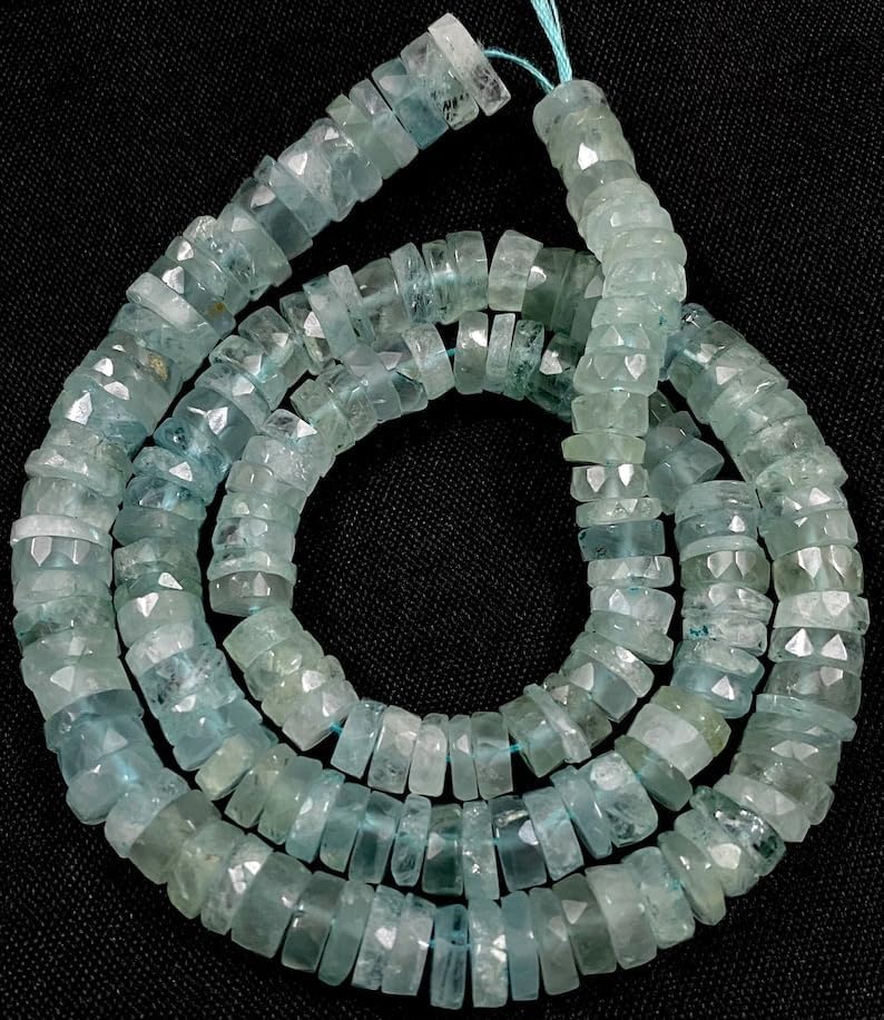 Natural Aquamarine RONDELLE Faceted Beads 6X7 16 inch Long String Jewelry Making Gemstone Beads for Necklace Bracelet