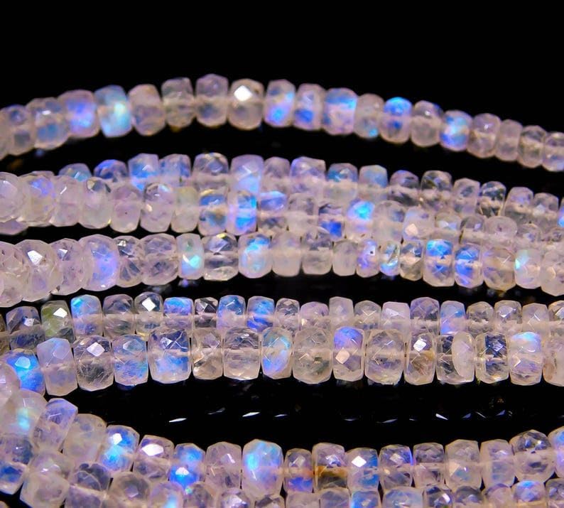 SPARKLE GEMS & JEWELS Faceted Rainbow Moonstone Rondelle Beads 3–5 mm, 12 Inch Strand, Blue Fire Moonstone for Jewelry Making, Handmade Necklace Bracelet Earrings, Natural Gemstone Beads (10 Strand)