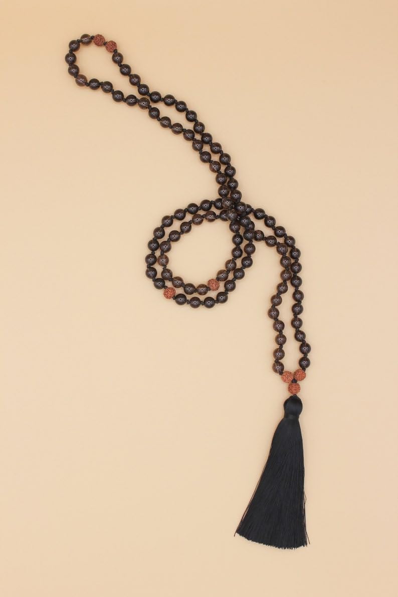 Natural Smoky Quartz, rudraksh 8mm 108 Mala Beads, Spiritual, Meditation Beads, Reiki, Japa Mala, Buddhist Prayer Beads, Yoga Bracelet, healing beads LKMALA-RRGU-3771