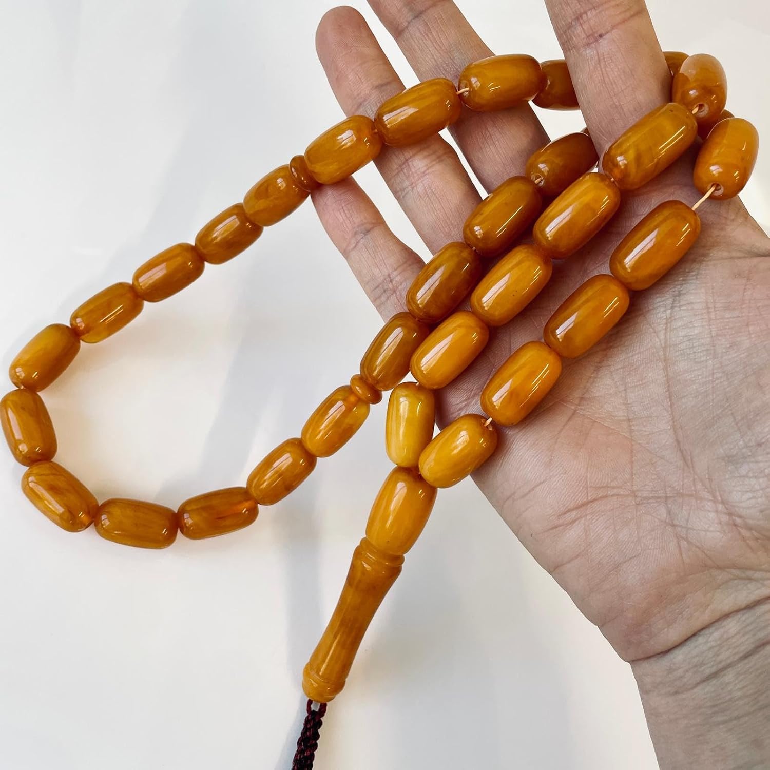AMBERSTONE Vintage Orange Amber Islamic Prayer - Barrel Beads Rosary - Premium Handmade Tasbeeh for Dhikr - Amber Misbaha - 33 Beads / 62.6 g