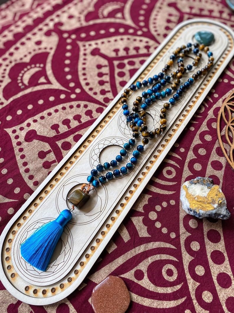 Natural Tiger’s Eye,Tiger’s Eye (Blue) 8mm 108 Mala Beads, Spiritual, Meditation Beads, Reiki, Japa Mala, Buddhist Prayer Beads, Yoga Bracelet, healing beads LKMALA-RRGU-3946