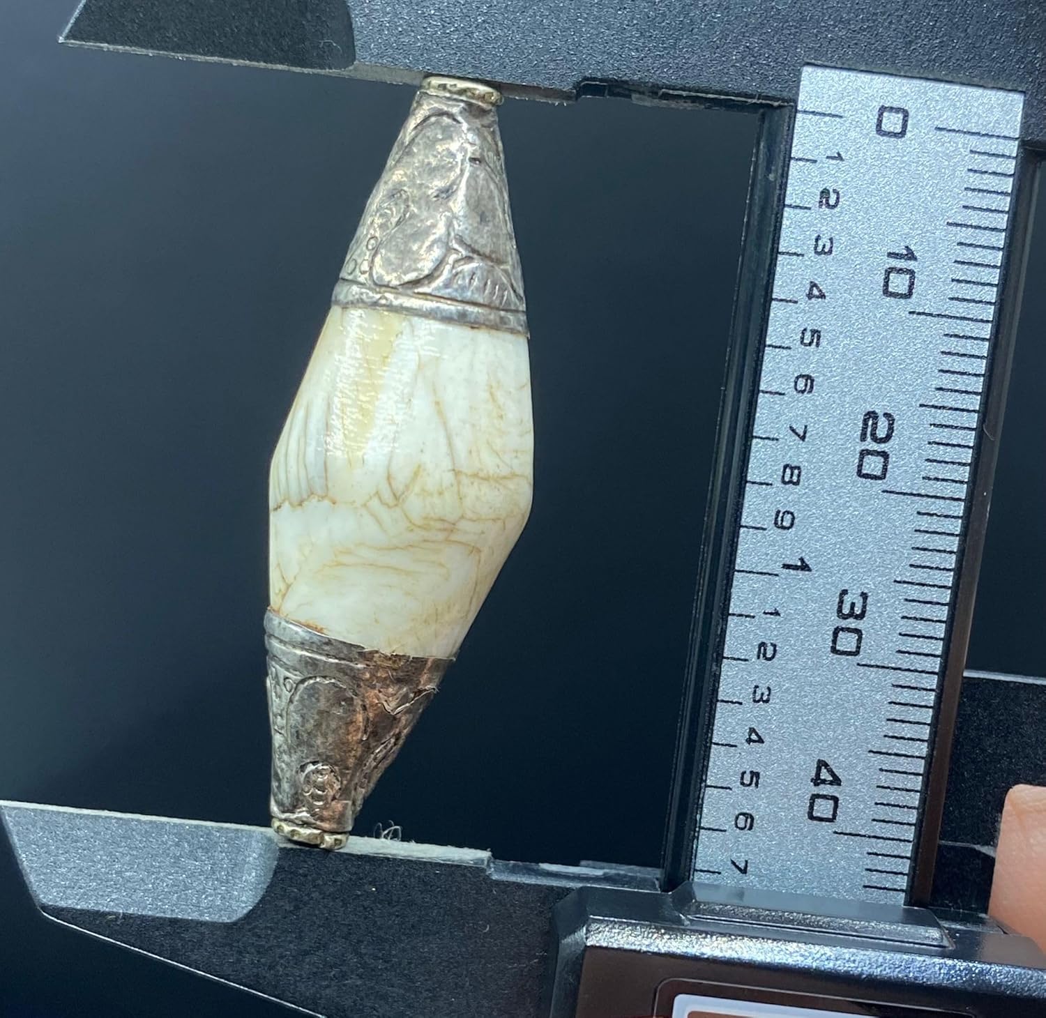 Handcrafted Nepalese Tibetan Natural Shell Pearl Bead with Afghan Silver Capped 44x15mm –9.55g Barrel Carved Bead for Jewelry Making, Craft Supplies, DIY Necklace & Bracelet Design (20)