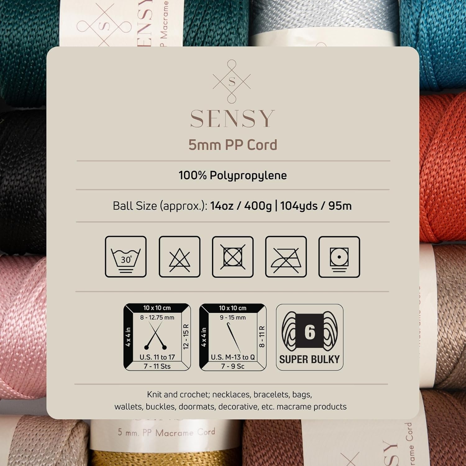 4 Skeins of Sensy Premium 5mm 104 Yards Polyester Rope 100% Polypropylene Cord Macrame Cord 5mm Crochet Bag Cord Macrame Rope Crochet Thread Gift for Knitter (Latte)