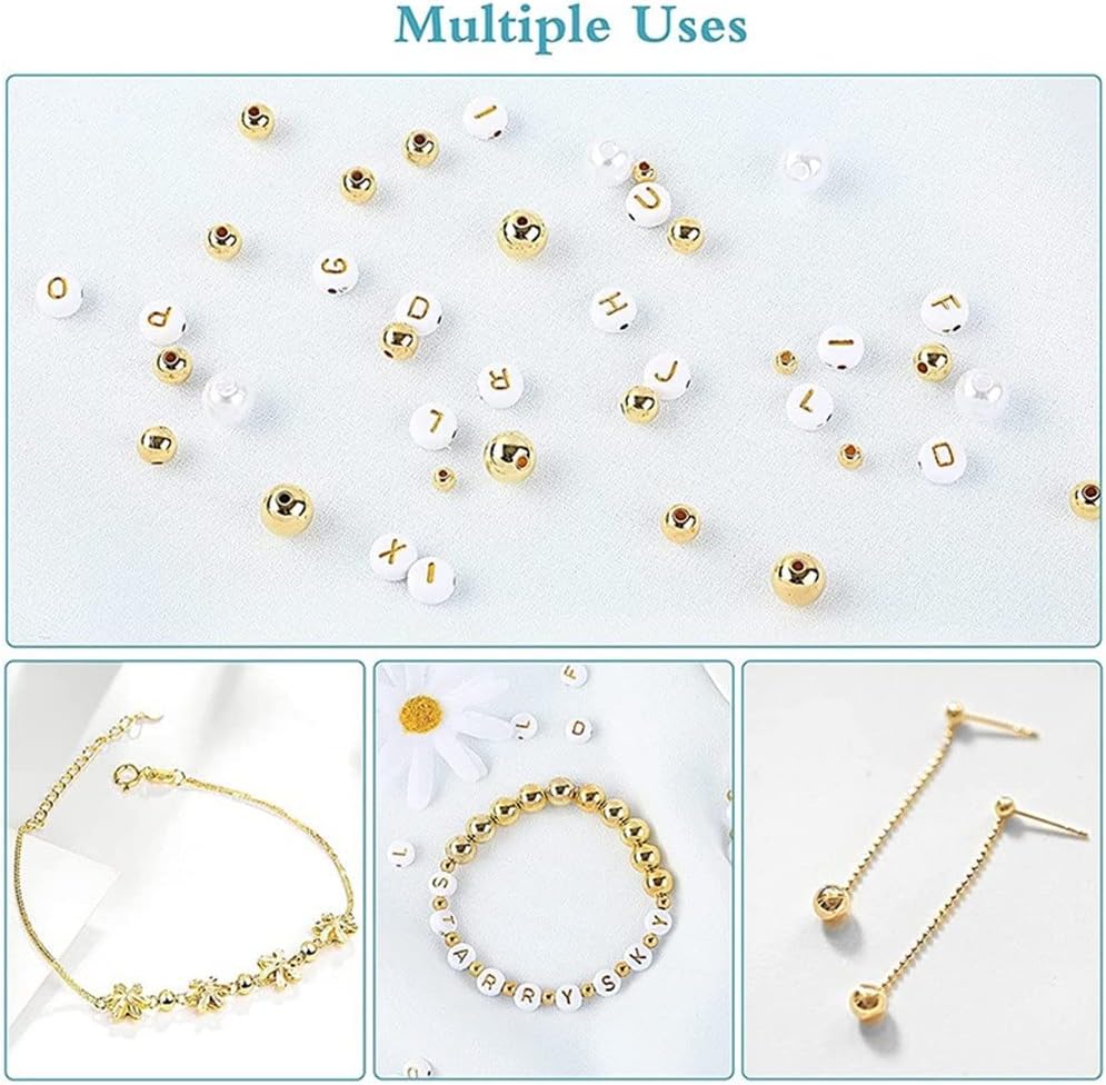 1800Pcs Beads Making Kit Gold Round Spacer Beads Alphabet Beads White Pearl Beads and Elastic String (Color : A Size : One Size)
