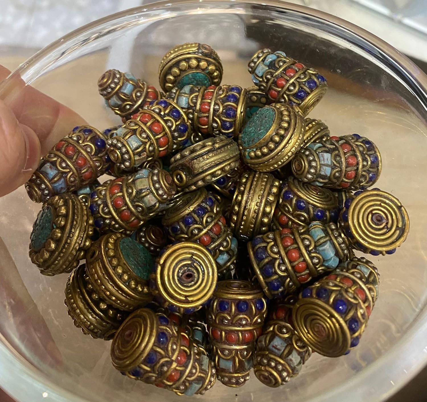 Nepali Tibetan Handmade Turquoise Brass Bead 20x12mm 10g | Round Inlay Ethnic Bead for Jewelry Making | Boho Tribal Loose Bead | Healing Craft Supply (50)