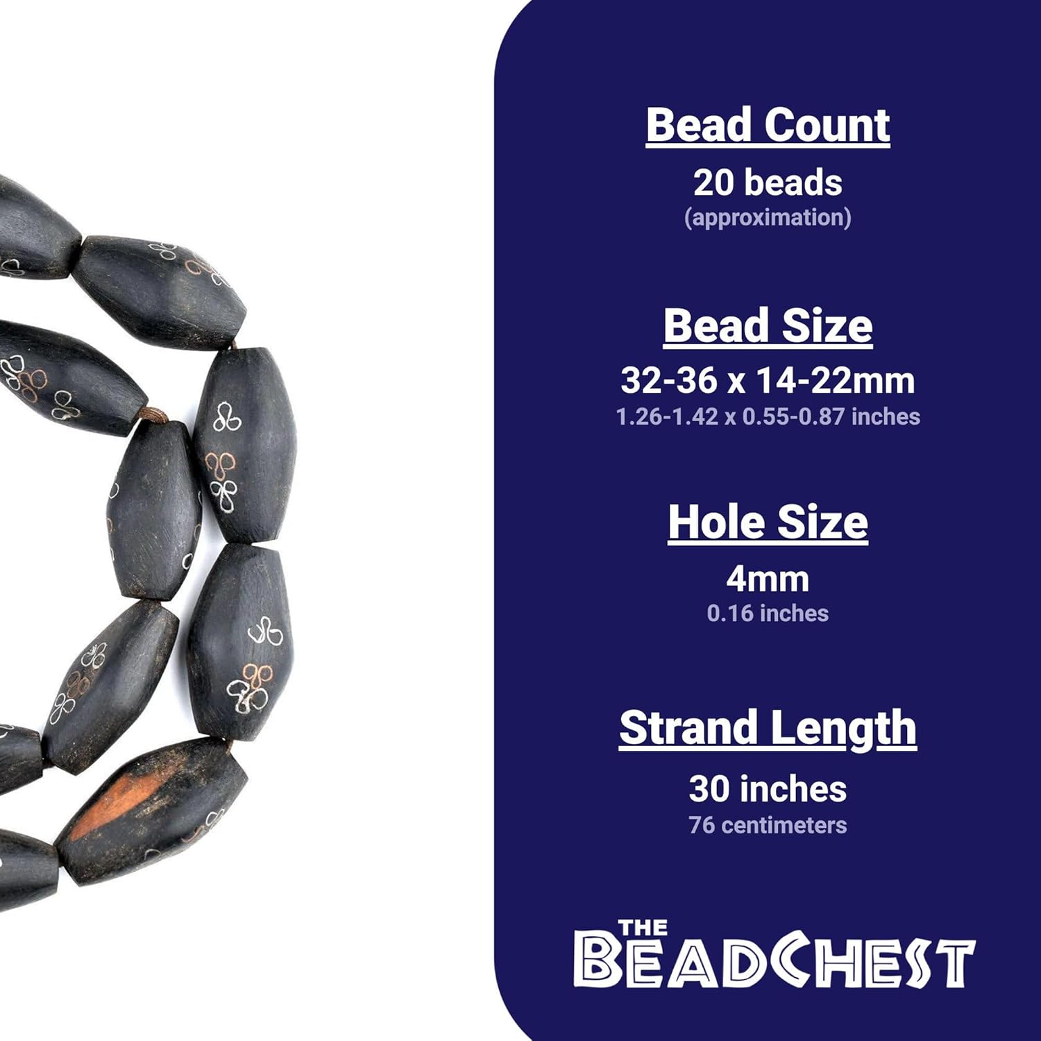 The Bead Chest Mauritanian Inlaid Ebony Wood Bicone Beads 34x20mm African Black Large Hole 30 Inch Strand Handmade