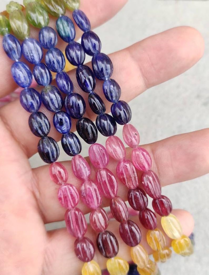 Natural Multi Gemstone Melon Smooth Beads : 6-8 mm 9 inch Long String Jewelry Making Gemstone Beads for Necklace Bracelet