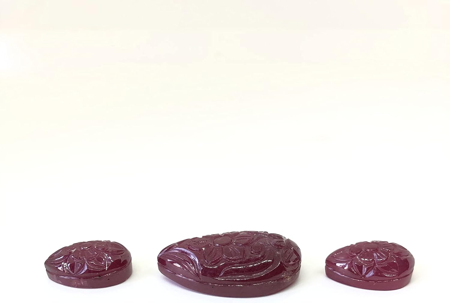 96.38 Ct Ruby Hand Carved Pear Shape Layout Wholesale 3 Pieces Lot Loose Gemstone Carved Flower Design Layout For Making Jewelry Designs