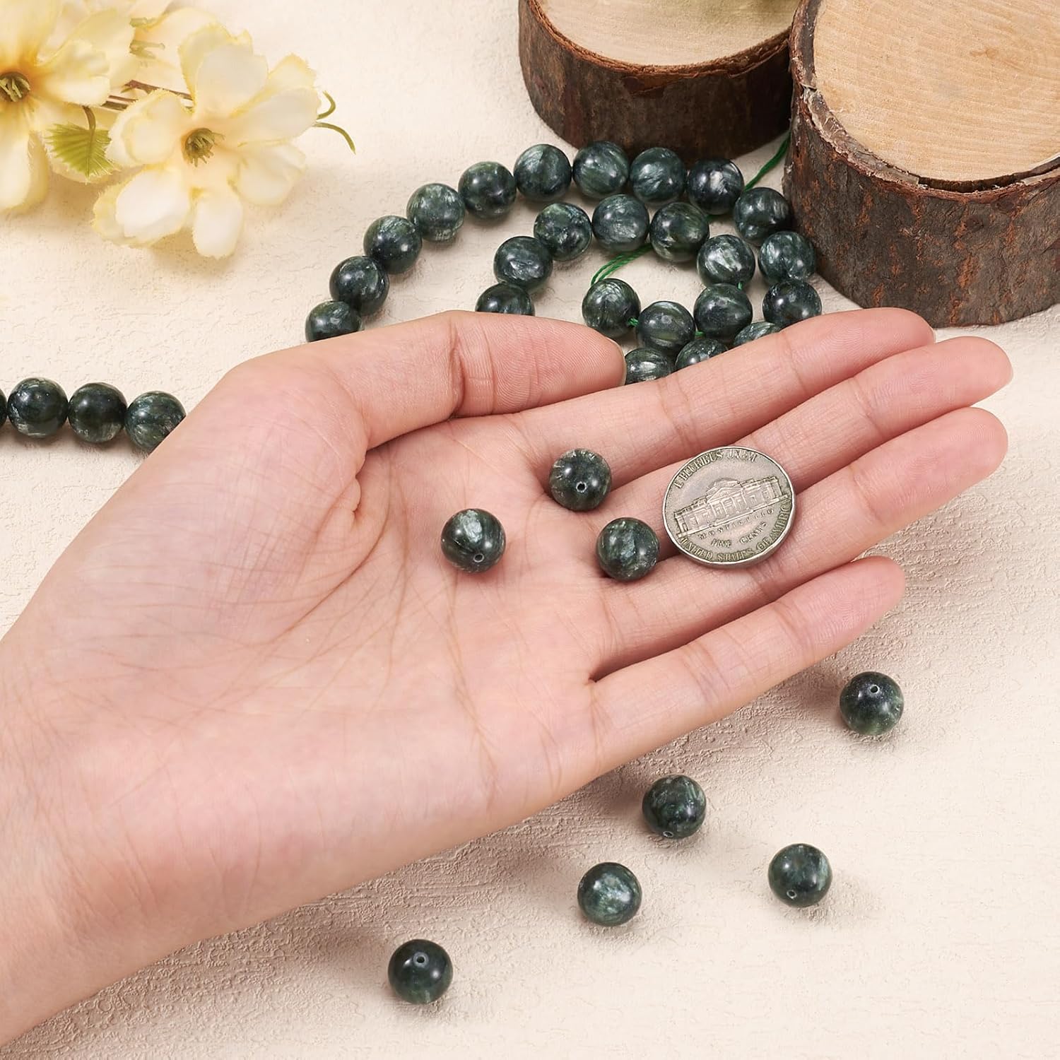 38pcs 10mm Natural Seraphinite Beads Round Quartz Energy Stone Healing Crystal Rocks for DIY Crafts Bracelets Necklaces Earrings Hole: 1mm