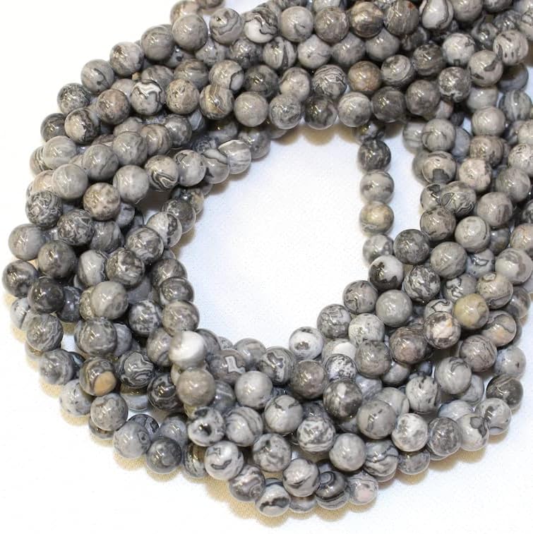 13 inch Strand of Natural gem Gray Picture Jasper, 10mm Round Smooth Beads for DIY Jewelry Making. | Beads_03976